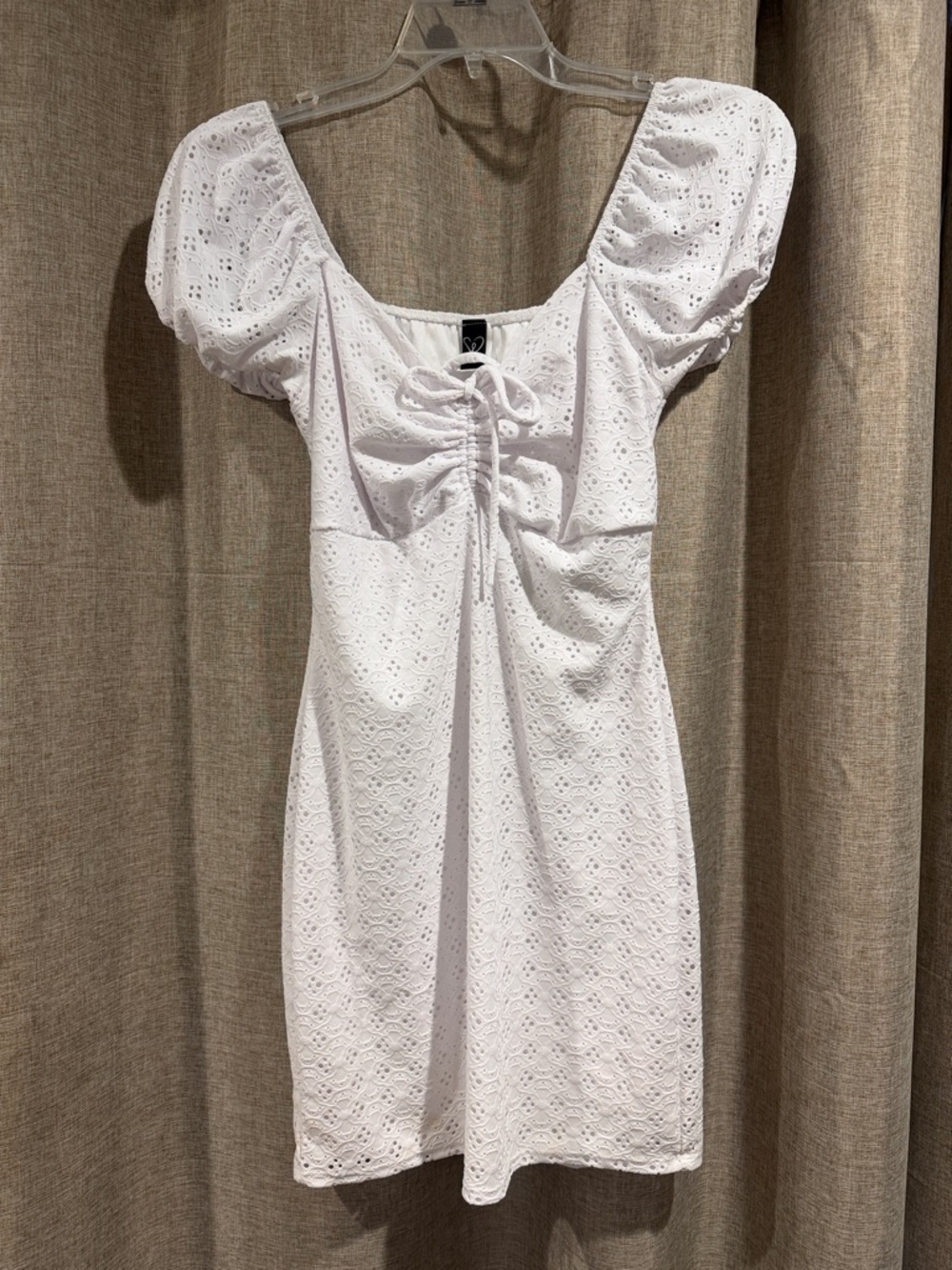 Windsor White Eyelet Puff-Sleeve Mini Dress with Ruched Front